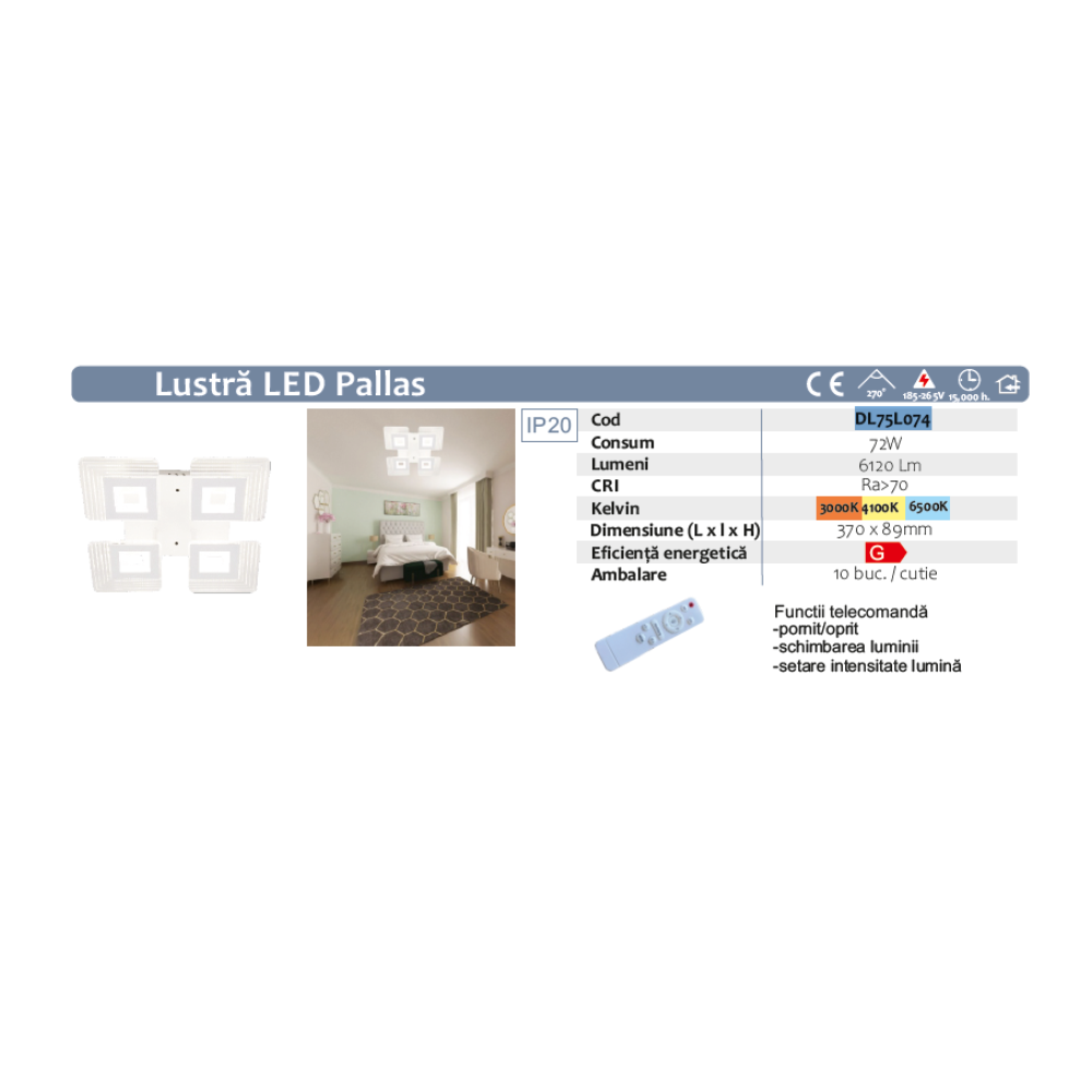 LUSTRA LED PALLAS 72W CU 4 BRATE 3 CULORI+IR