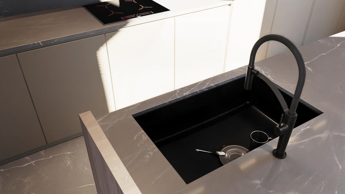 Baterie pentru bucătărie, cu pipă elastică - 2 Funcții Corda Nero BRC_N72M Deante