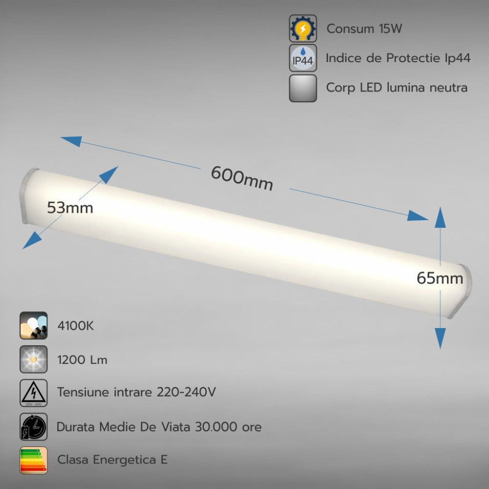 Corp LED baie cu intrerupator, 15w 4000K, lumina neutra, cu protectie IP44, 600mm