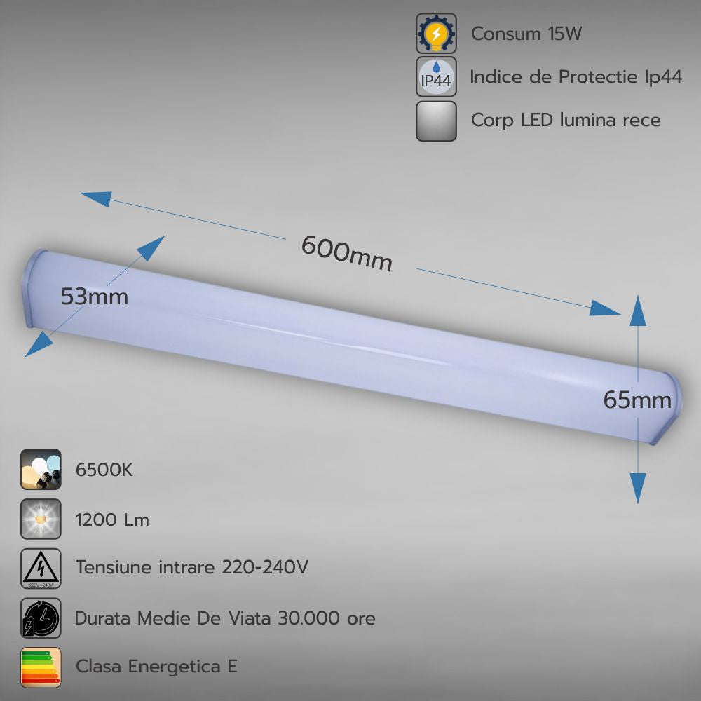 Corp LED baie cu intrerupator, 15w, 6400K, lumina rece, cu protectie IP44, 600mm
