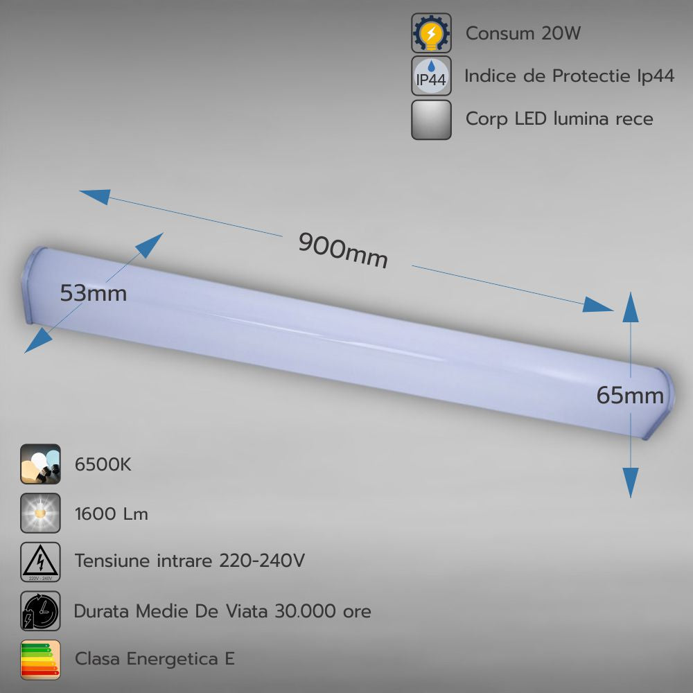 Corp LED baie cu intrerupator, 20w, 6400K, lumina rece, cu protectie IP44, 900mm