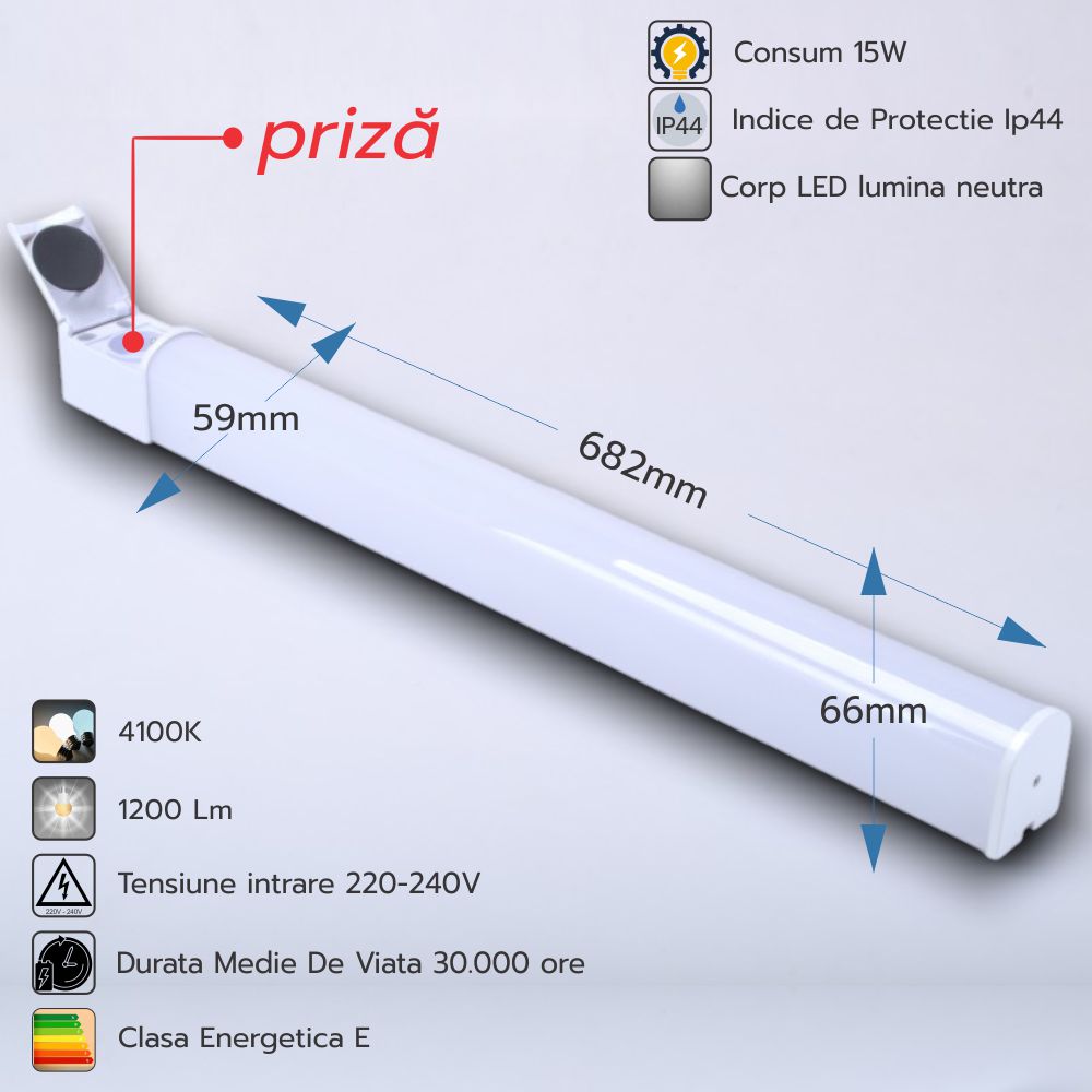 Corp LED baie alb, cu priza, 15w, 4000K, lumina neutra, cu protectie IP44