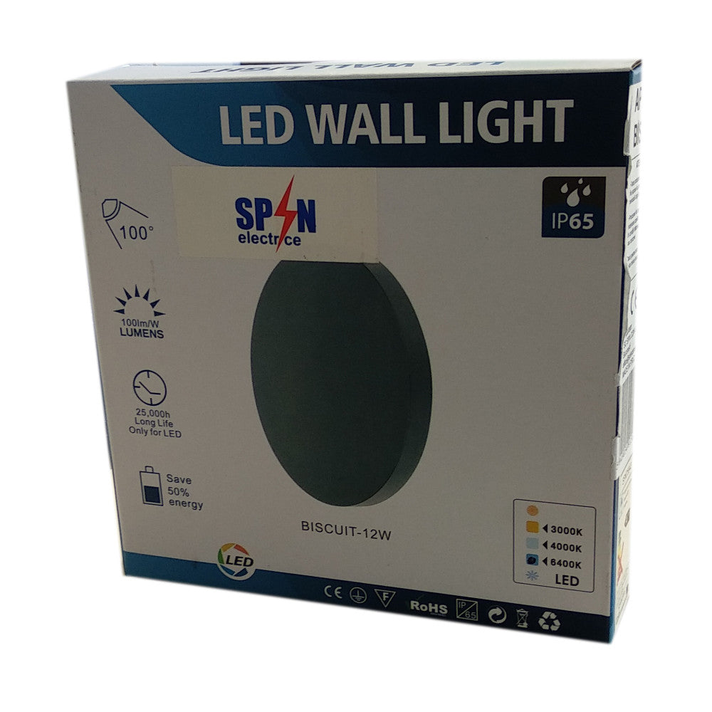 Aplica LED Perete Biscuit fi150, 12W 3000K, lumina calda, cu protectie IP65
