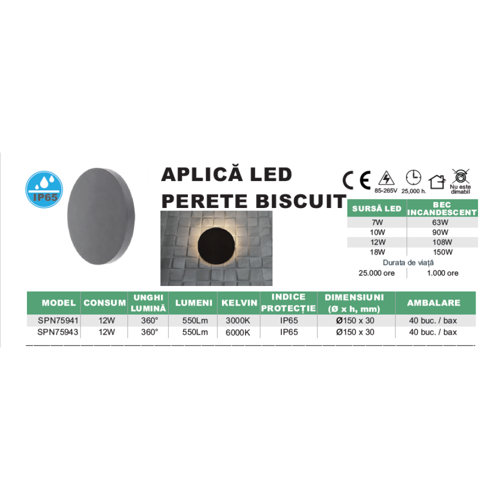 Aplica LED Perete Biscuit fi150, 12W, 6000K, lumina rece, cu protectie IP65