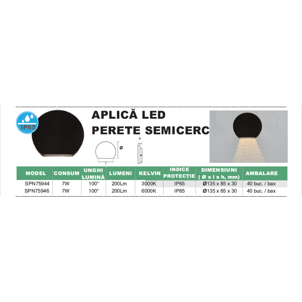 Aplica LED Perete Semicerc fi135, 7W, 6000K, lumina rece, cu protectie IP65