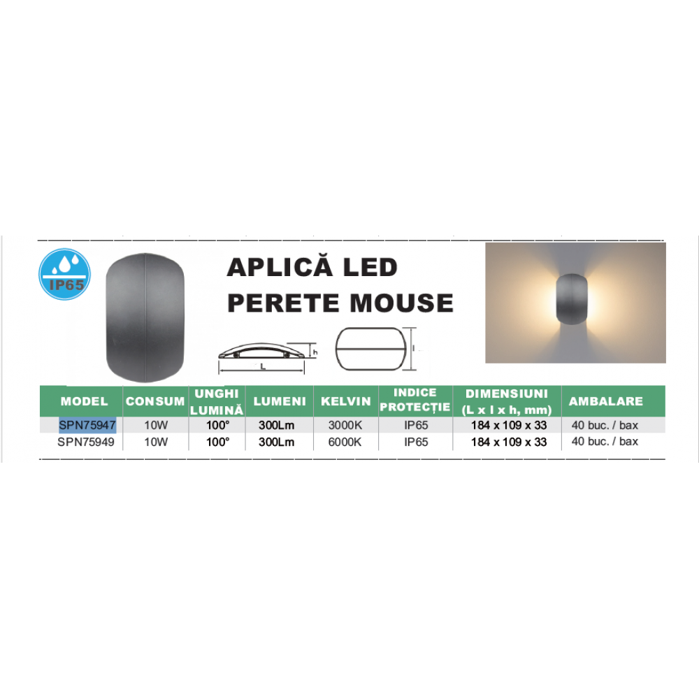 Aplica LED Perete Mouse (5W+5W) 184x110mm, 10W, 6000K, lumina rece, cu protectie IP65