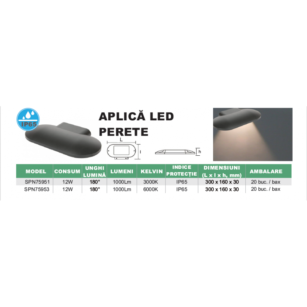 Aplica LED Perete 300x160mm 12W=108W, 6000K, lumina rece, cu protectie IP65