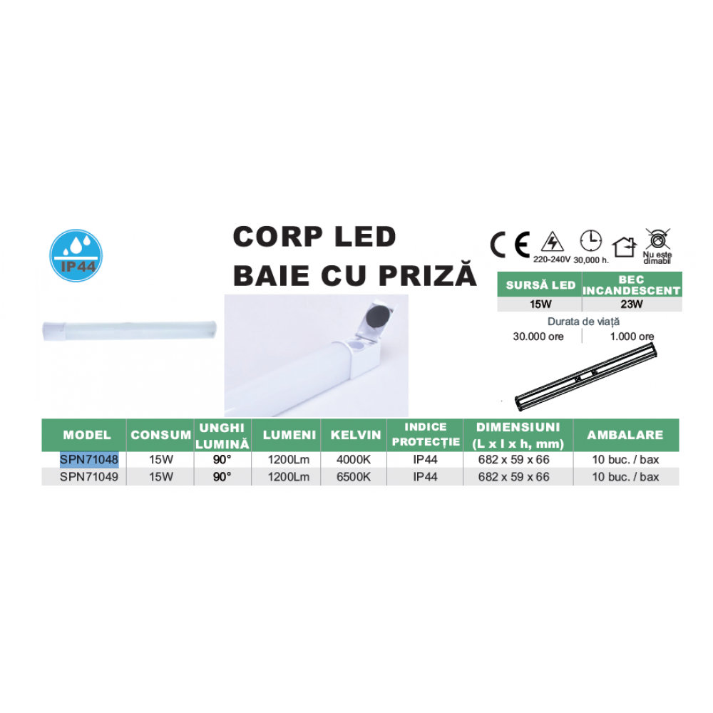 Corp LED baie alb, cu priza, 15w, 6500K, lumina rece, cu protectie IP44