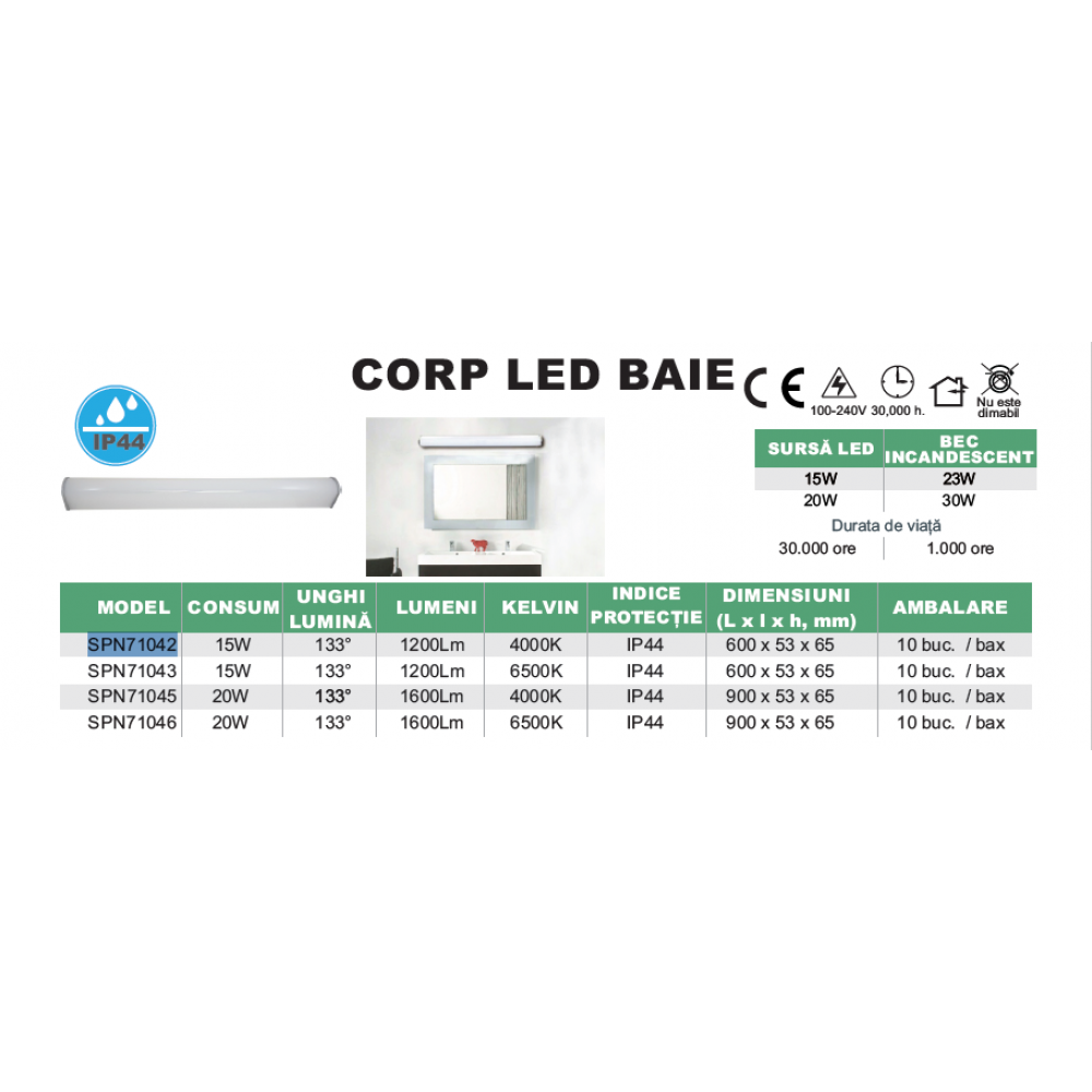 Corp LED baie cu intrerupator, 15w 4000K, lumina neutra, cu protectie IP44, 600mm