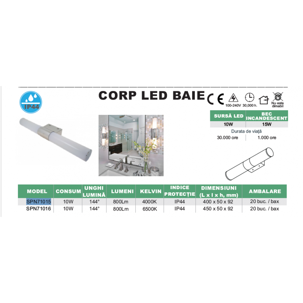 Corp LED baie inox, 10W, 6500K, lumina rece, cu protectie IP44, 450mm