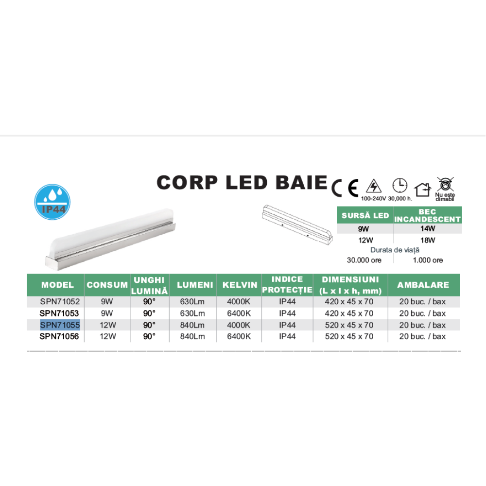 Corp LED baie inox,IP44, 12W 4000K, lumina neutra, 520mm