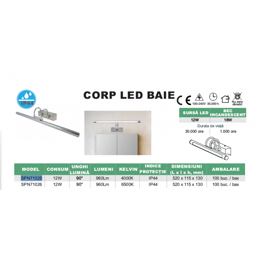Corp LED baie reglabil, 12W, 4000K, lumina neutra, cu protectie IP44, 520mm