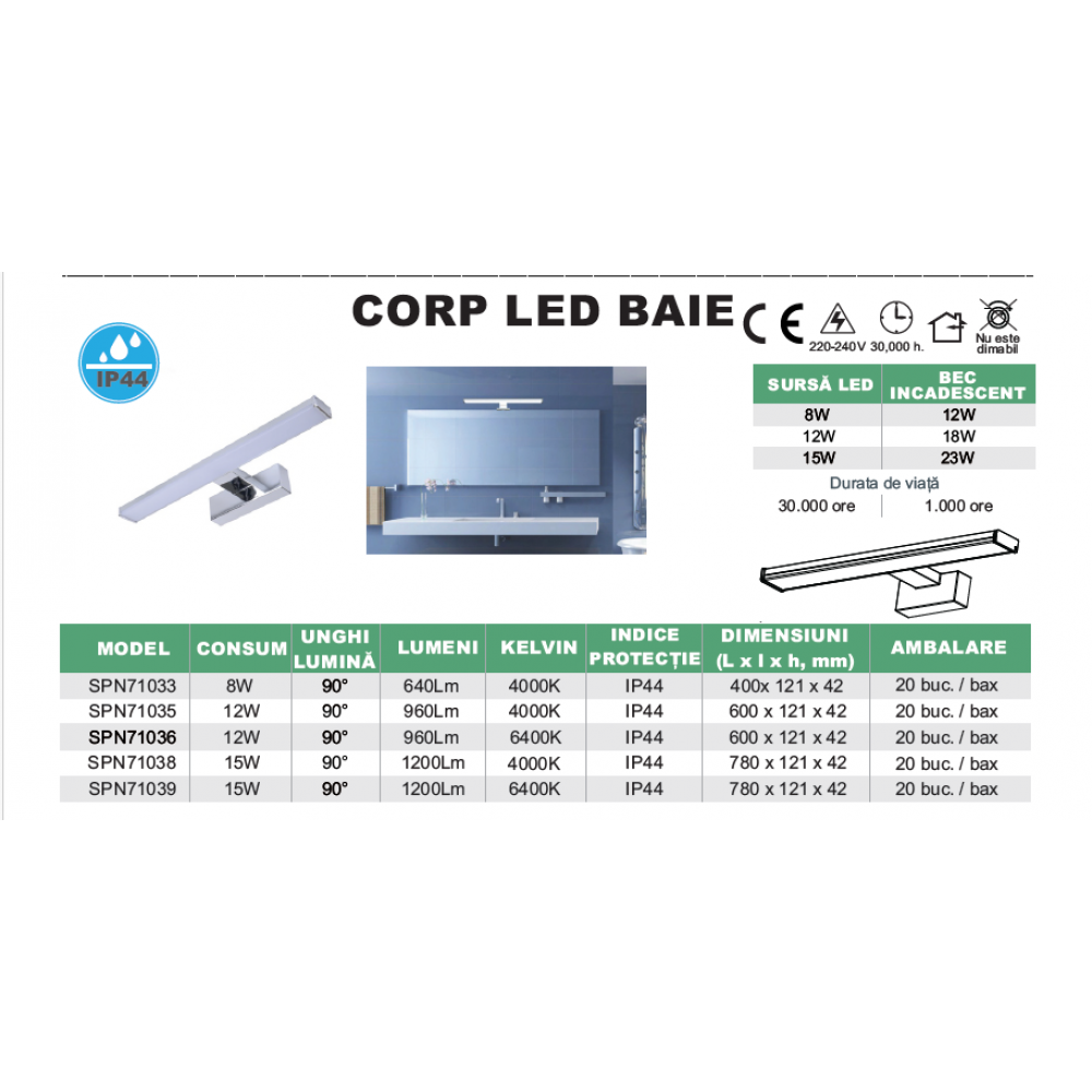 Corp LED baie, 8W, 4000K, lumina neutra, cu protectie IP44, 400mm