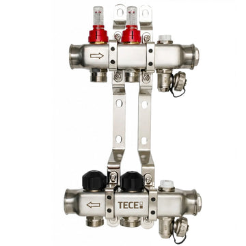 Distribuitor incalzire pardoseala, cu debitmetre, Tece 77331002, inox, filet interior, 2 cai, 1"