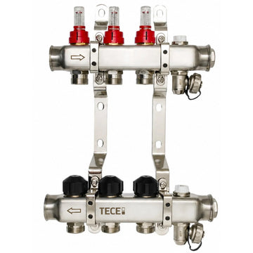 Distribuitor incalzire pardoseala, cu debitmetre, Tece 77331003, inox, filet interior, 3 cai, 1"