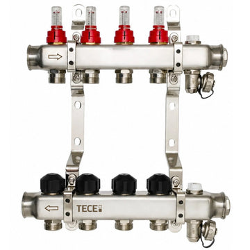 Distribuitor incalzire pardoseala, cu debitmetre, Tece 77331004, inox, filet interior, 4 cai, 1"