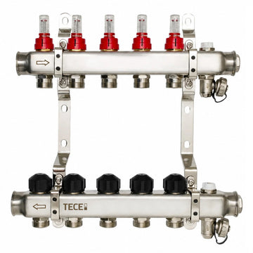 Distribuitor incalzire pardoseala, cu debitmetre, Tece 77331005, inox, filet interior, 5 cai, 1"