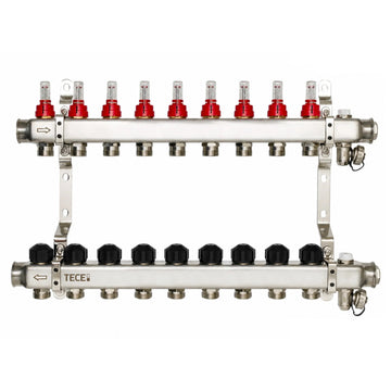 Distribuitor incalzire pardoseala, cu debitmetre, Tece 77331009, inox, filet interior, 9 cai, 1"