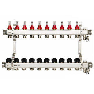 Distribuitor incalzire pardoseala, cu debitmetre, Tece 77331010, inox, filet interior, 10 cai, 1"
