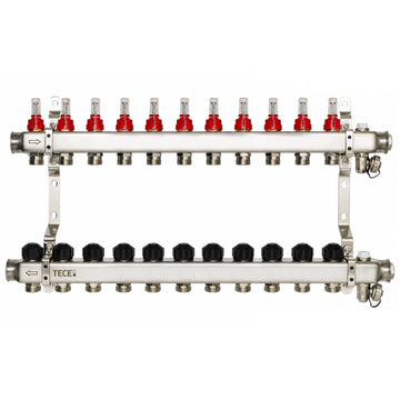 Distribuitor incalzire pardoseala, cu debitmetre, Tece 77331011, inox, filet interior, 11 cai, 1"