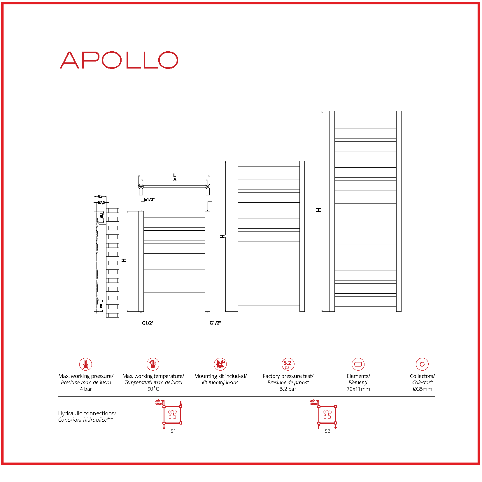 Calorifer baie portprosop decorativ cromat 500/1050 mm APOLLO (include kit de instalare)