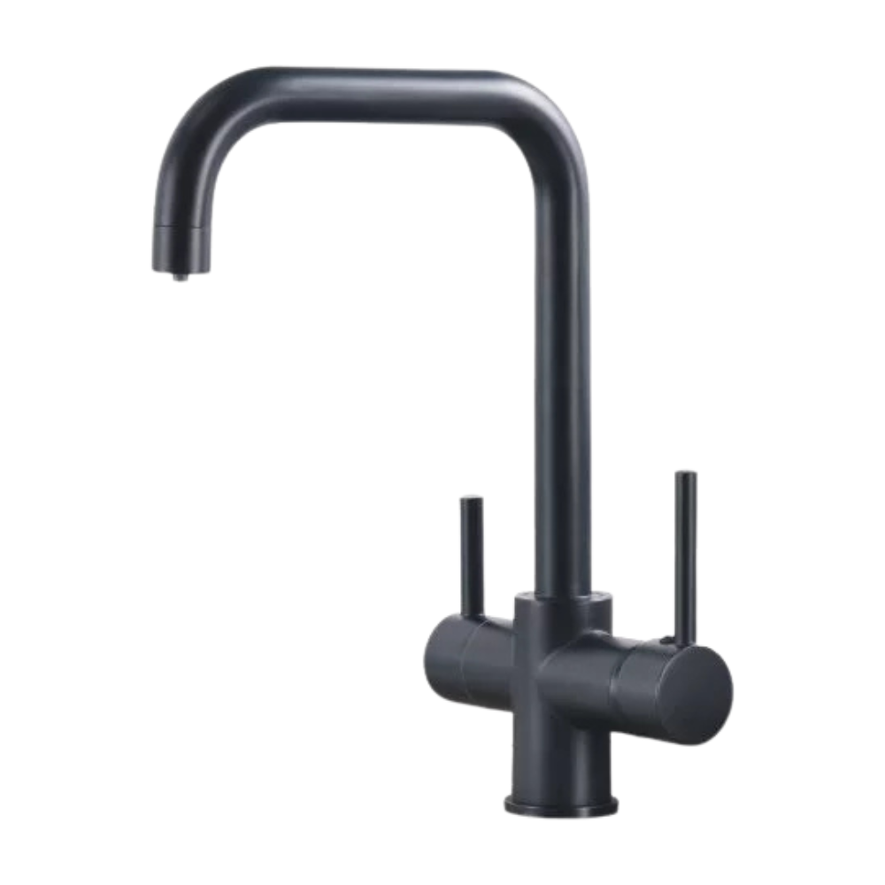 Baterie Bucătărie cu 3 Căi, pentru Apă Filtrată, Neagră, Finisaj Mat, Pipă Pivotantă, Înălțime 360 mm Aquator