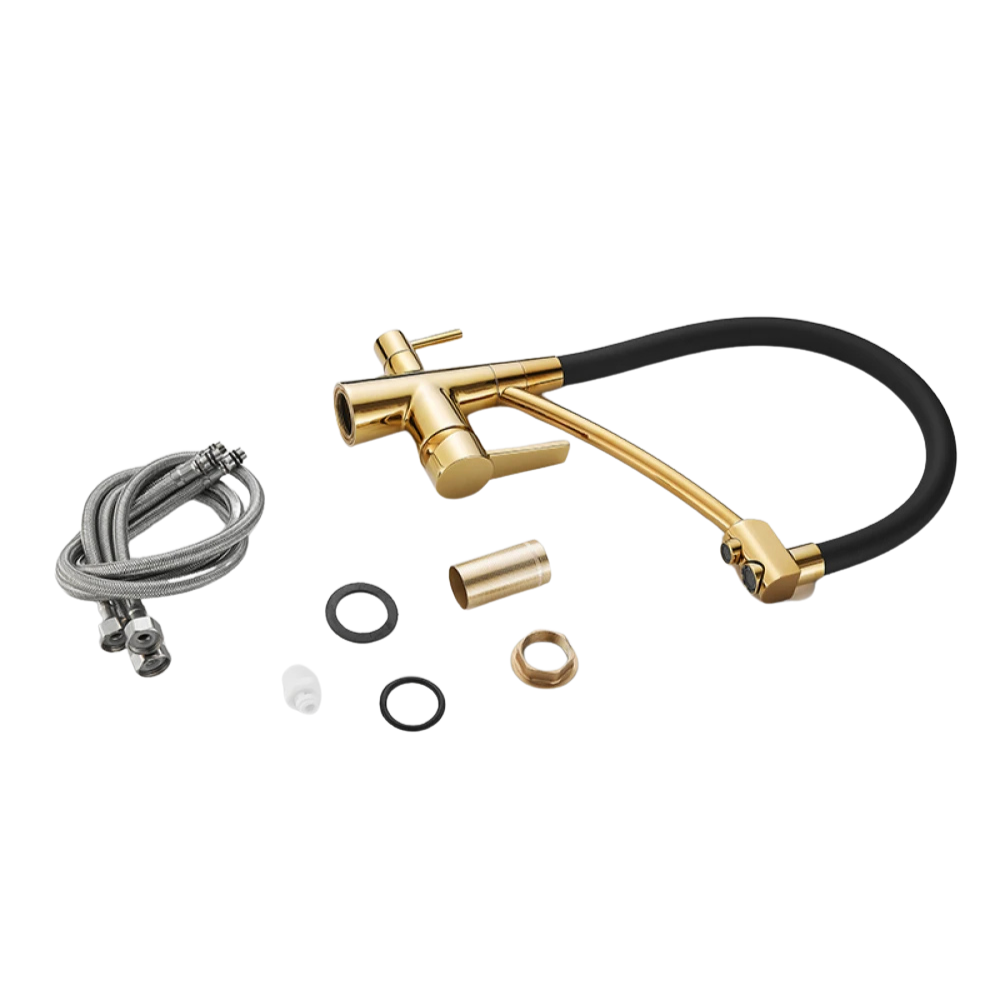 Baterie Bucătărie cu 3 Căi, pentru Apă Filtrată, Aurie, Finisaj Lucios, Pipă Pivotantă, Înălțime 410mm Aquaphor Aquator - imagine 3