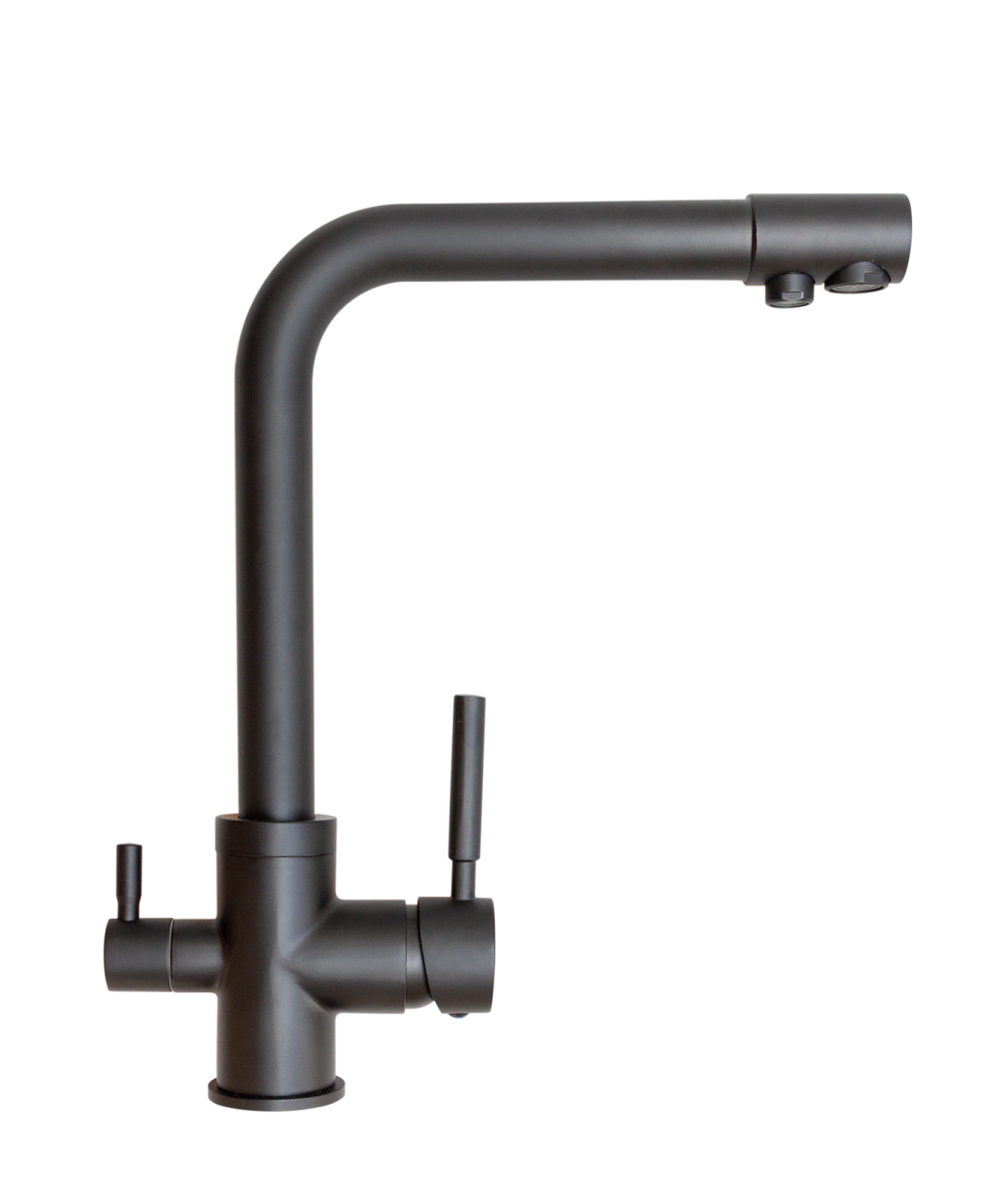 Baterie Bucătărie cu 3 Căi, pentru Apă Filtrată, Neagră, Finisaj Mat, Pipă Pivotantă, Înălțime 330mm Aquaphor Aquator