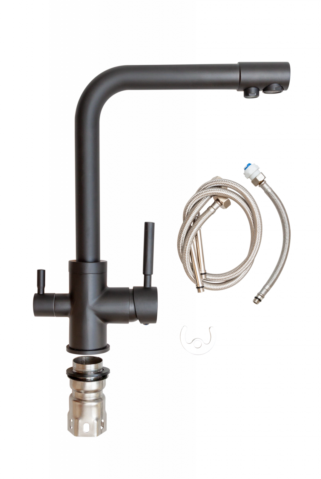 Baterie Bucătărie cu 3 Căi, pentru Apă Filtrată, Neagră, Finisaj Mat, Pipă Pivotantă, Înălțime 330mm Aquaphor Aquator