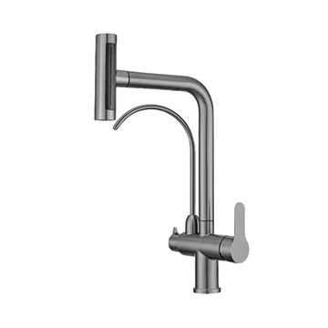 Baterie bucătărie cu 3 căi pentru filtru de purificare, GRI, cap de dus extractabil, cu 4 jeturi de apa Aquator