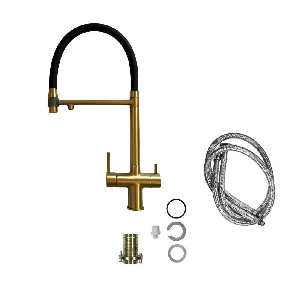 Baterie Bucătărie cu 3 Căi, pentru Apă Filtrată, Aurie, Finisaj Mat, Pipă Pivotantă, Înălțime 410mm Aquator - imagine 3