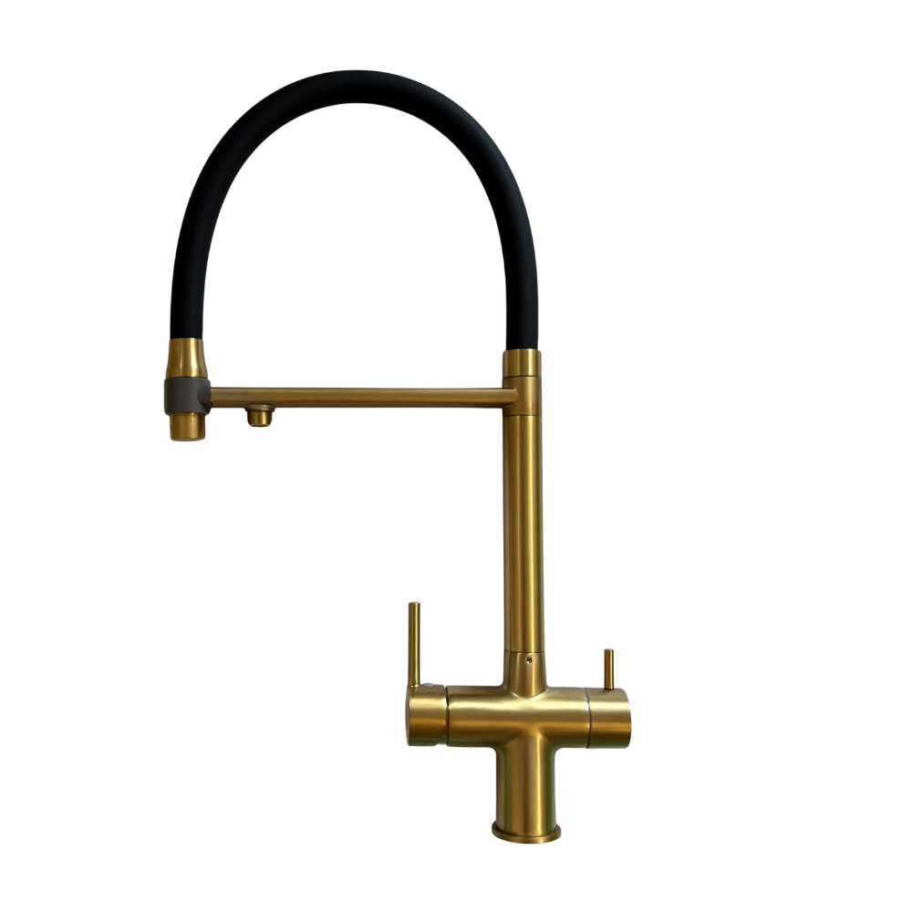 Baterie Bucătărie cu 3 Căi, pentru Apă Filtrată, Aurie, Finisaj Mat, Pipă Pivotantă, Înălțime 410mm Aquator
