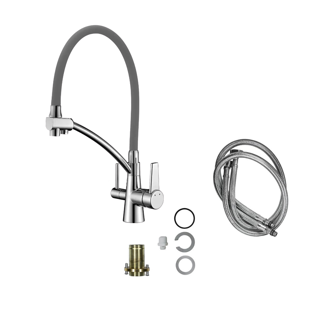 Baterie Bucătărie cu 3 Căi, pentru Apă Filtrată, Gri Nichelat, Finisaj Lucios, Pipă Pivotantă, Înălțime 410mm Aquaphor Aquator - imagine 3