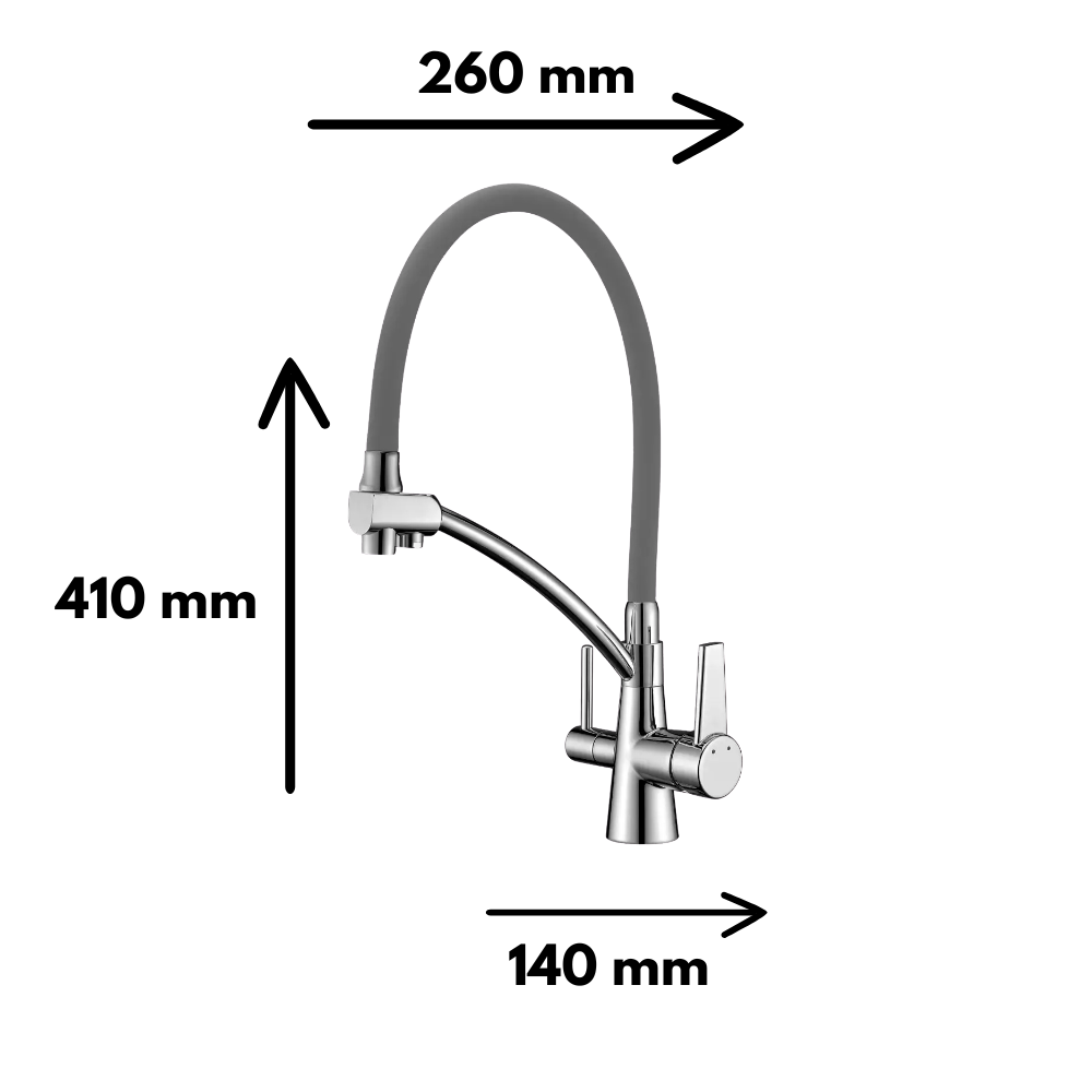 Baterie Bucătărie cu 3 Căi, pentru Apă Filtrată, Gri Nichelat, Finisaj Lucios, Pipă Pivotantă, Înălțime 410mm Aquaphor Aquator - imagine 2