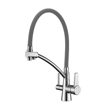 Baterie Bucătărie cu 3 Căi, pentru Apă Filtrată, Gri Nichelat, Finisaj Lucios, Pipă Pivotantă, Înălțime 410mm Aquaphor Aquator