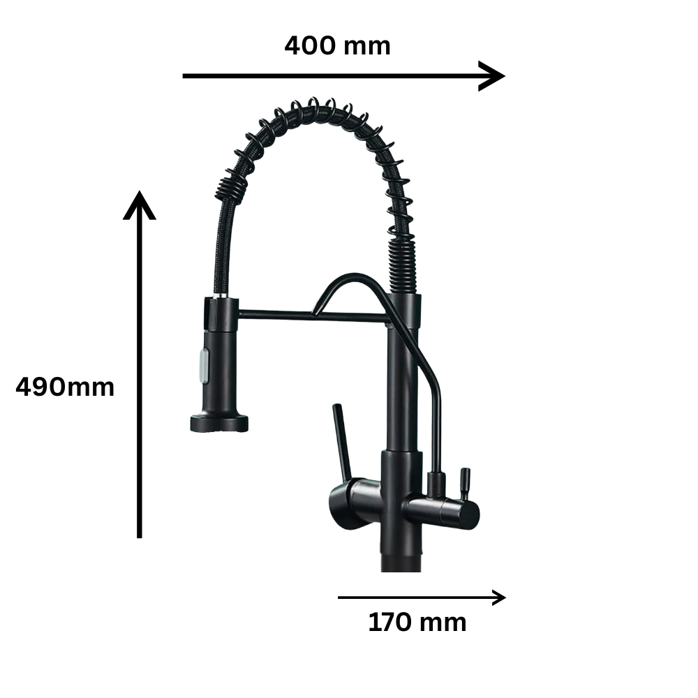 Baterie bucătărie cu 3 căi pentru filtru de purificare, neagră, cu arc Aquator