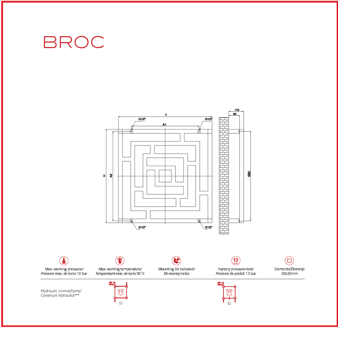 Calorifer decorativ inox 690/690 mm BROC (include kit de instalare)
