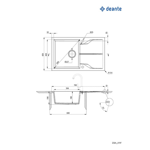 Chiuvetă din granit, 1-cuvă cu picurător - montare încastrată la nivel, Deante