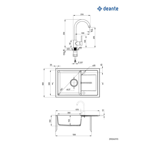Chiuvetă din granit cu baterie, 1-cuvă cu picurător, Deante