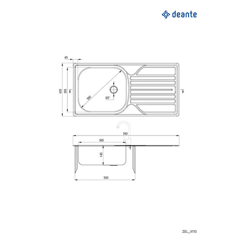 Chiuvetă din inox, 1-cuvă cu picurător - 2" rigole, Deante