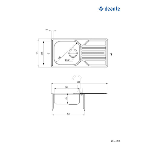 Chiuvetă din inox, 1-cuvă cu picurător - 3,5" rigole, Deante