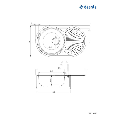 Chiuvetă din inox, 1-cuvă cu picurător, Deante