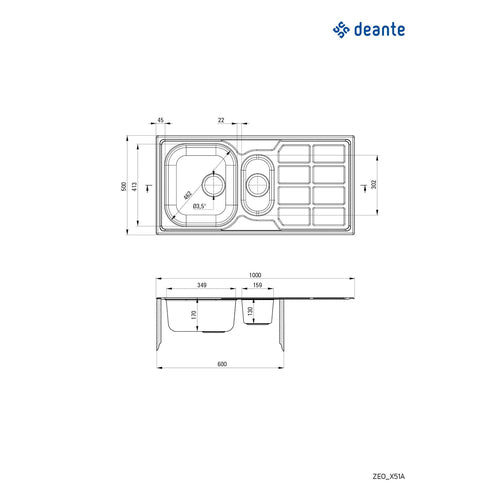 Chiuvetă din inox, 1,5-cuve cu picurător, Deante