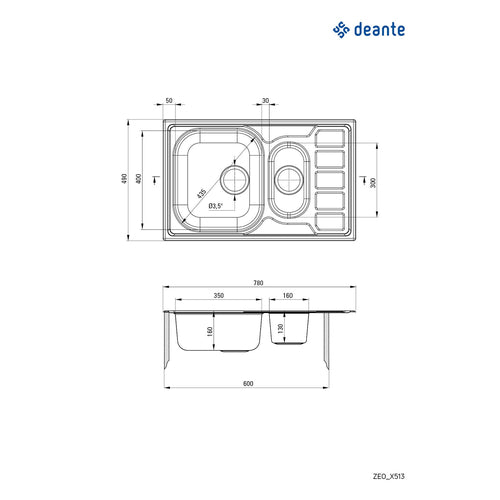 Chiuvetă din inox, 1,5-cuve cu picurător, Deante