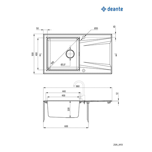 Chiuvetă granit-inox, 1-cuvă cu picurător, Deante
