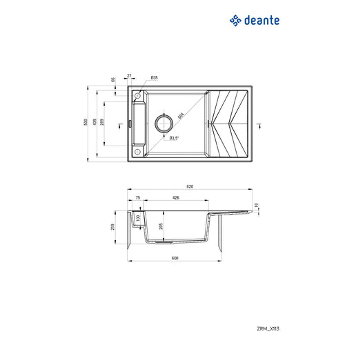 Chiuvetă magnetică din granit, 1-cuvă cu picurător, Deante