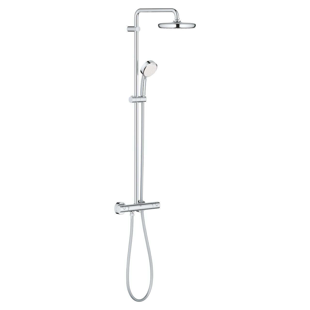 Coloana de dus Grohe Tempesta Cosmopolitan 210, cu baterie termostatata, palarie 20 cm, furtun 1.75m si para dus, crom