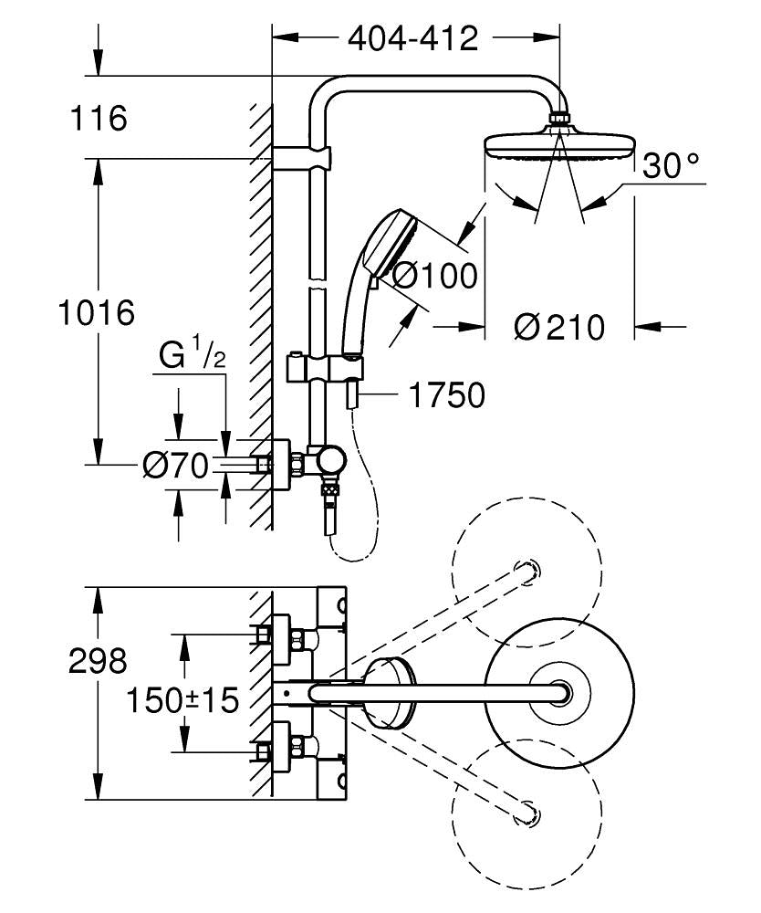 Coloana de dus Grohe Tempesta Cosmopolitan 210, cu baterie termostatata, palarie 20 cm, furtun 1.75m si para dus, crom