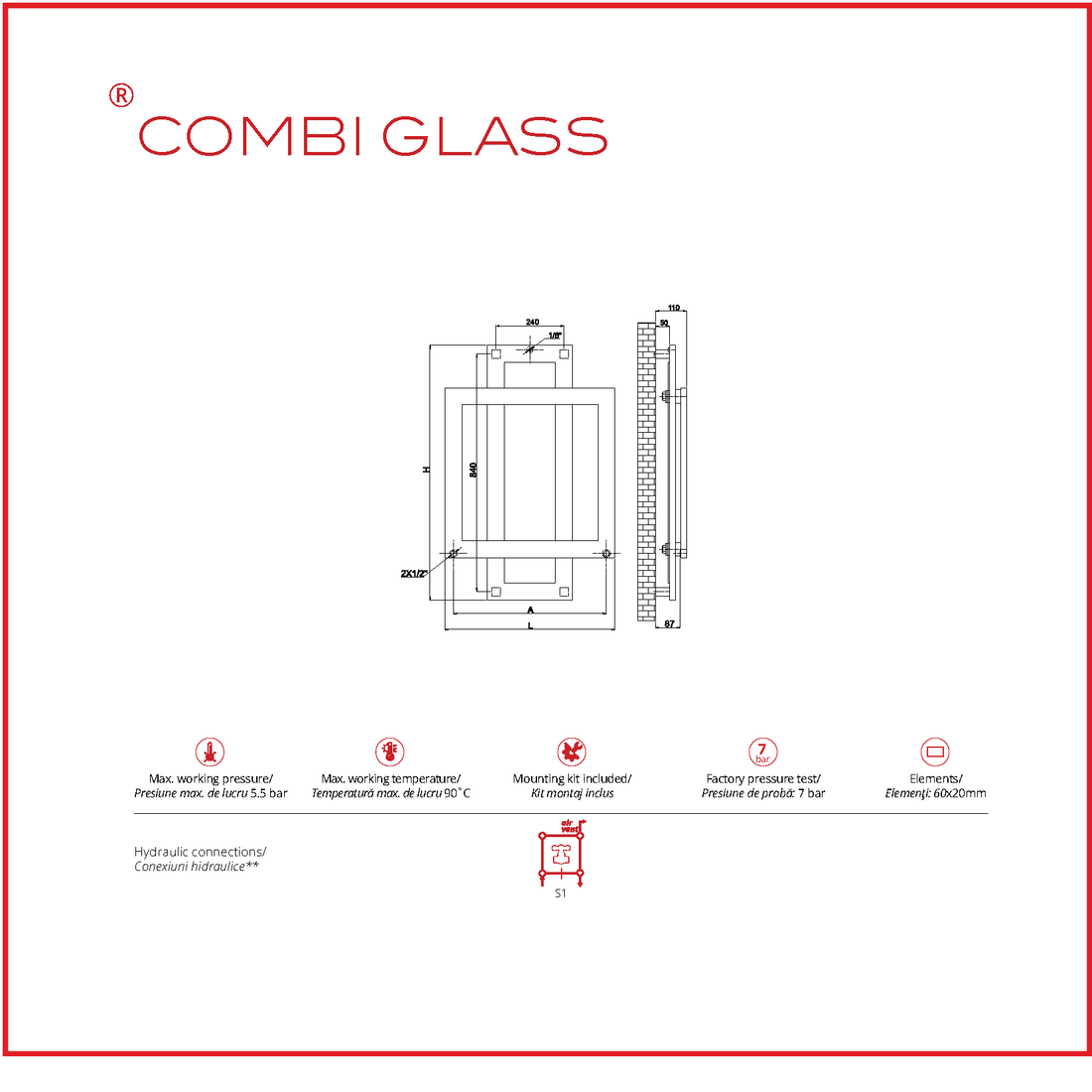Calorifer decorativ cromat 600/900 mm COMBI GLASS (include kit de instalare)