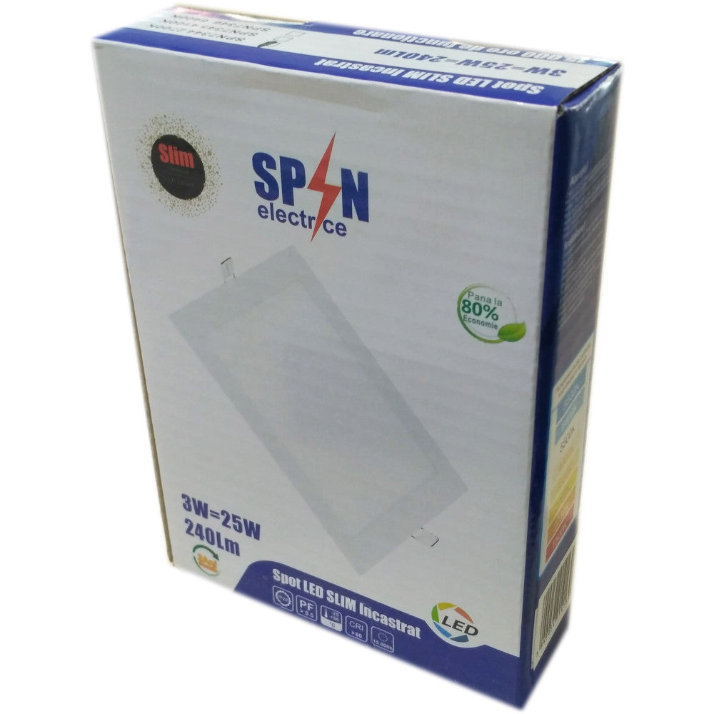Spot Led Slim Patrat 85x85mm, 3W=25W, 6400K, lumina rece